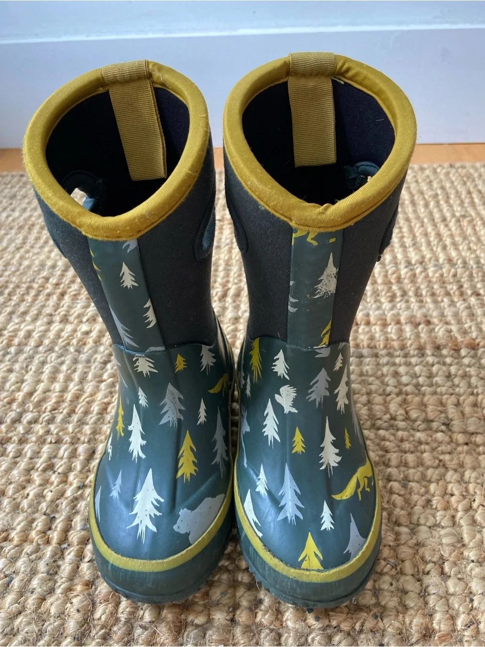 OAK Kids' Forest Print Neoprene Rain/Snow Boots in Olive/Yellow